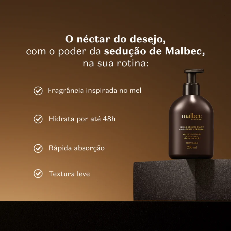 Loção Hidratante Desodorante Corporal Malbec Pure Gold, 200ml