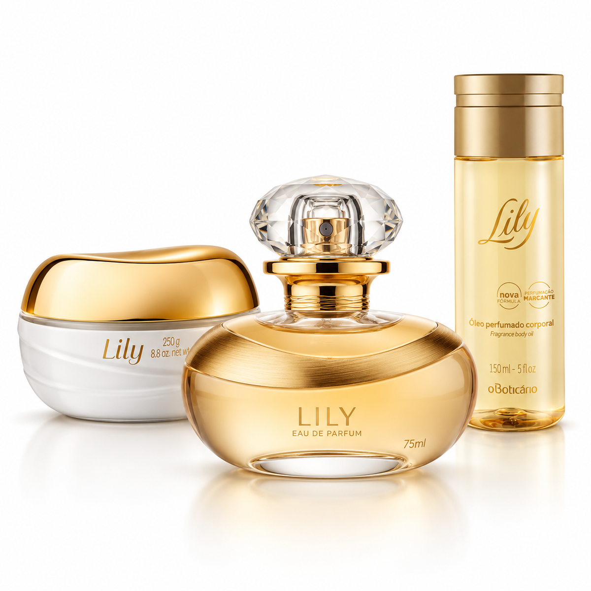 Kit Lily O Boticário — Eau de Parfum 75ml + Creme Hidratante 250g + Óleo Perfumado Corporal 150ml
