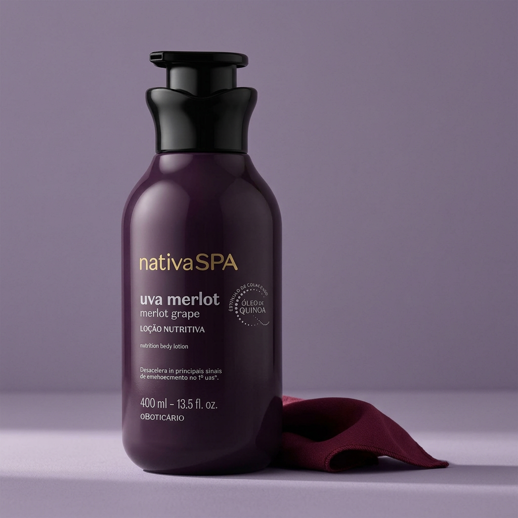 Uva Merlot em cenário lavanda com tecido discreto