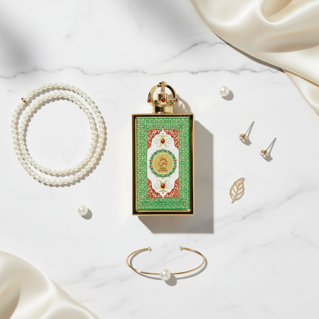 Flat lay elegante com Lattafa Queen of Arabia