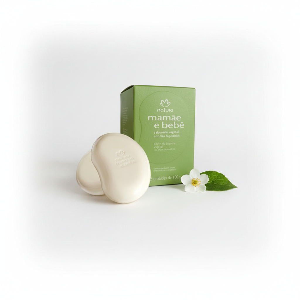 Natura Mamãe e Bebê Sabonete Vegetal em Barra 2x100g – Flat Lay