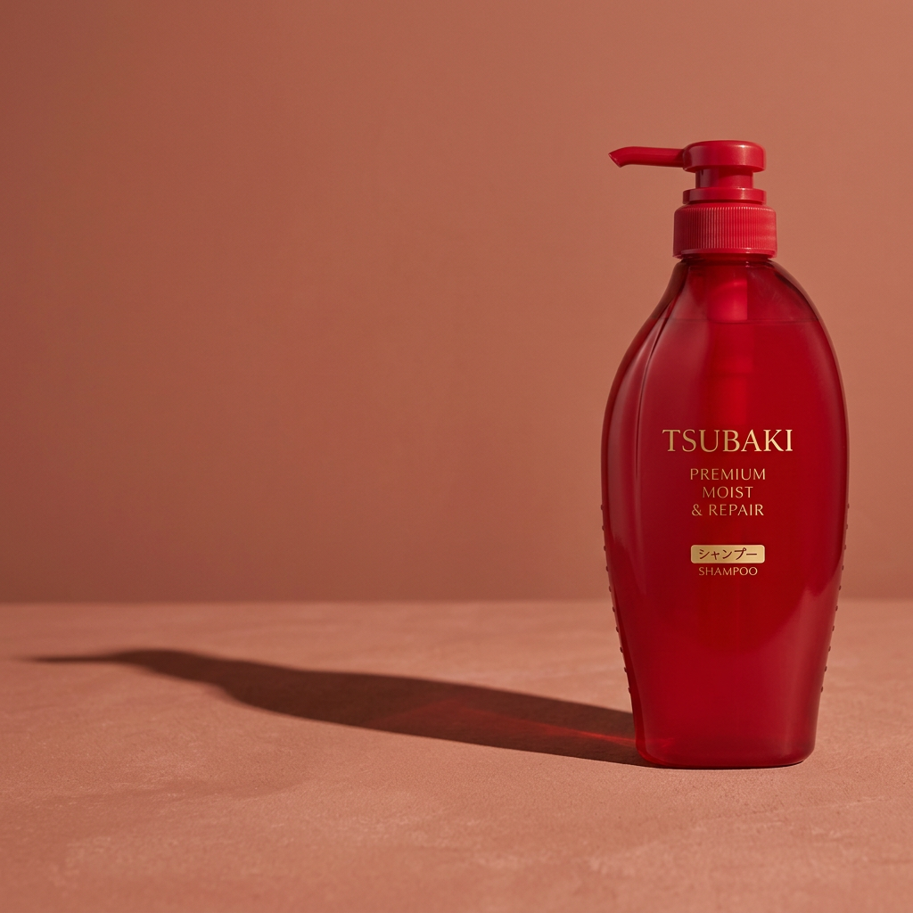 Shampoo TSUBAKI com luz lateral e sombra em cenário terracota