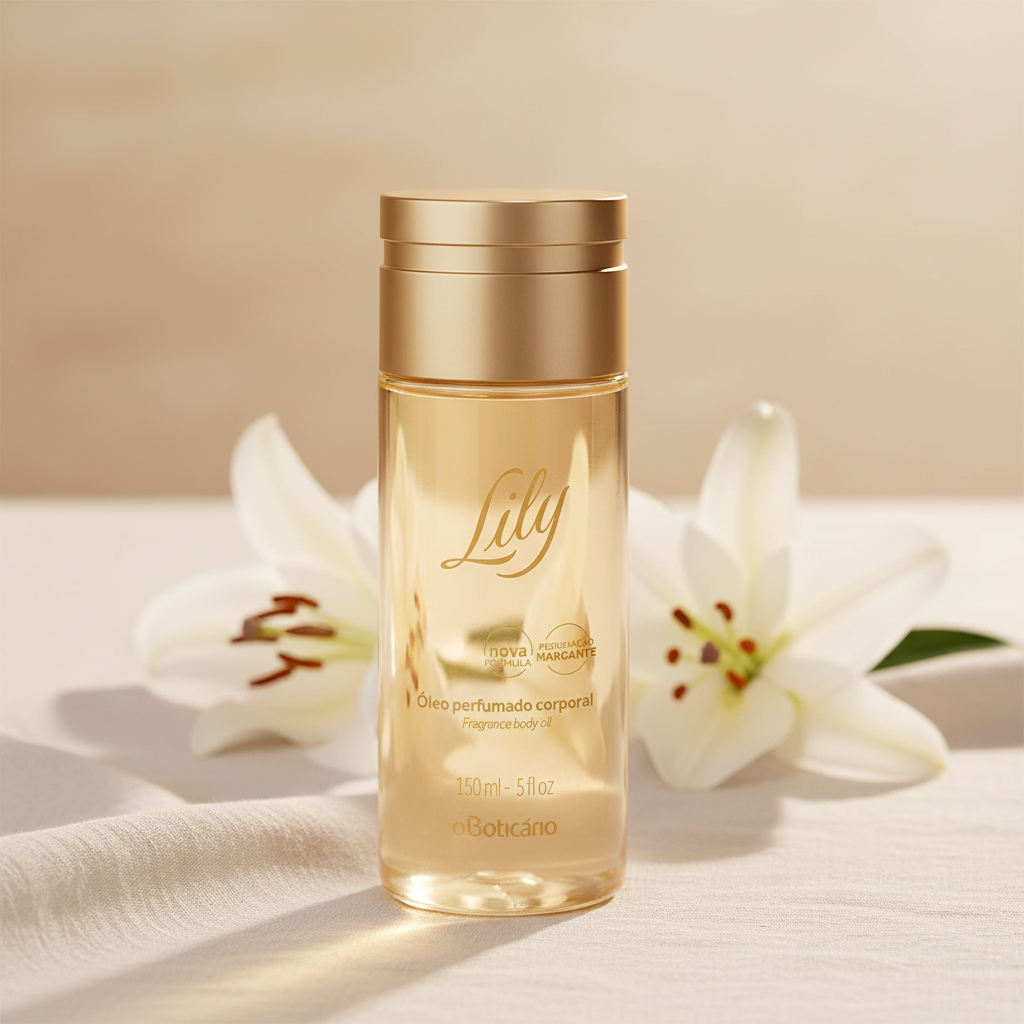 Óleo Perfumado Corporal Lily - Ambiente sereno com luz dourada