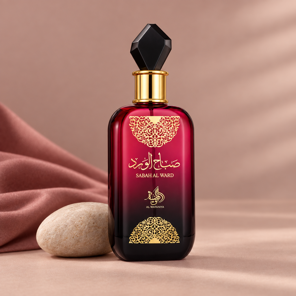 Al Wataniah Sabah Al Ward Eau de Parfum Feminino, ambientação minimalista com pedra e tecido rosa