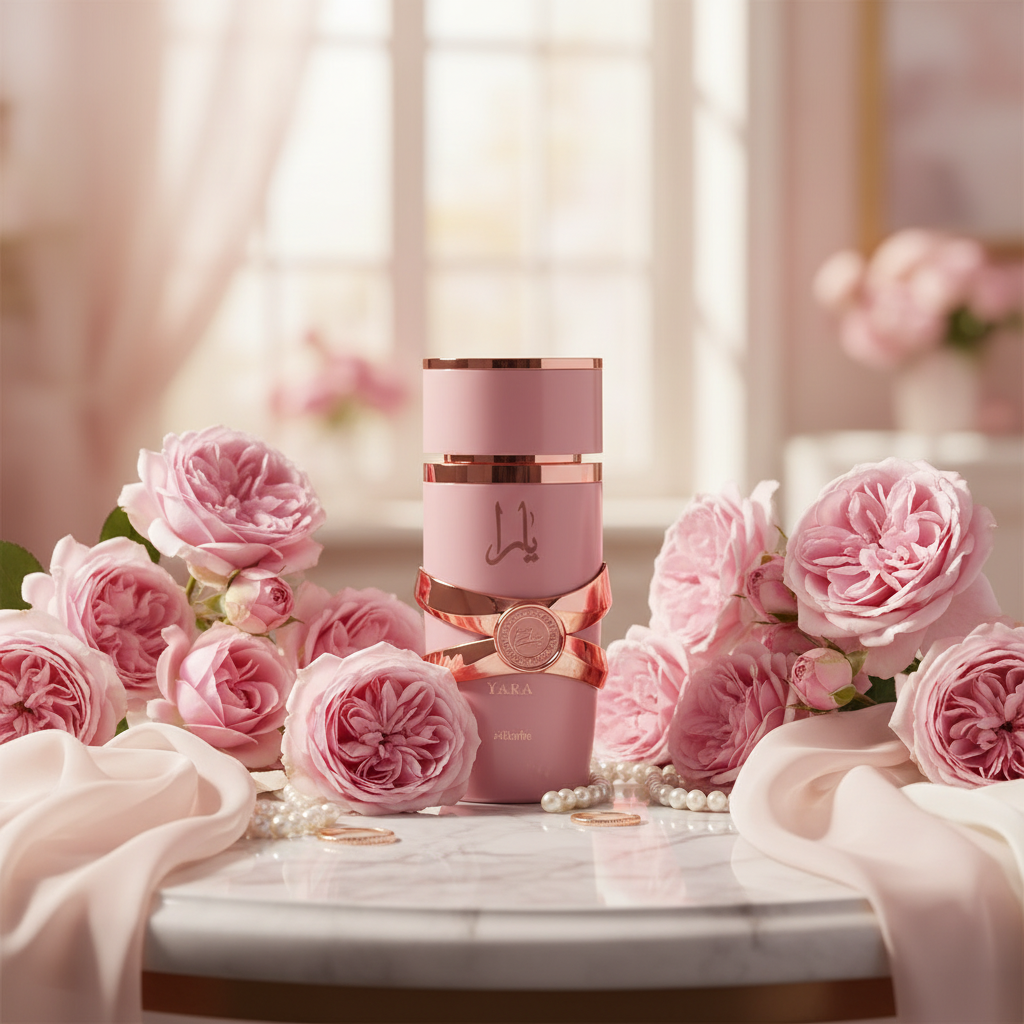 Composition artistique du Lattafa Yara Elixir avec roses