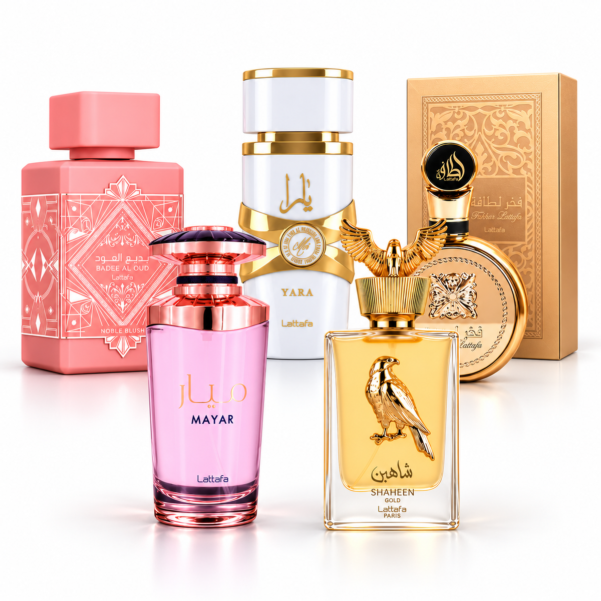 Kit Lattafa 5 Fragrâncias – Fakhar Gold, Noble Blush, Shaheen Gold, Mayar e Yara Moi