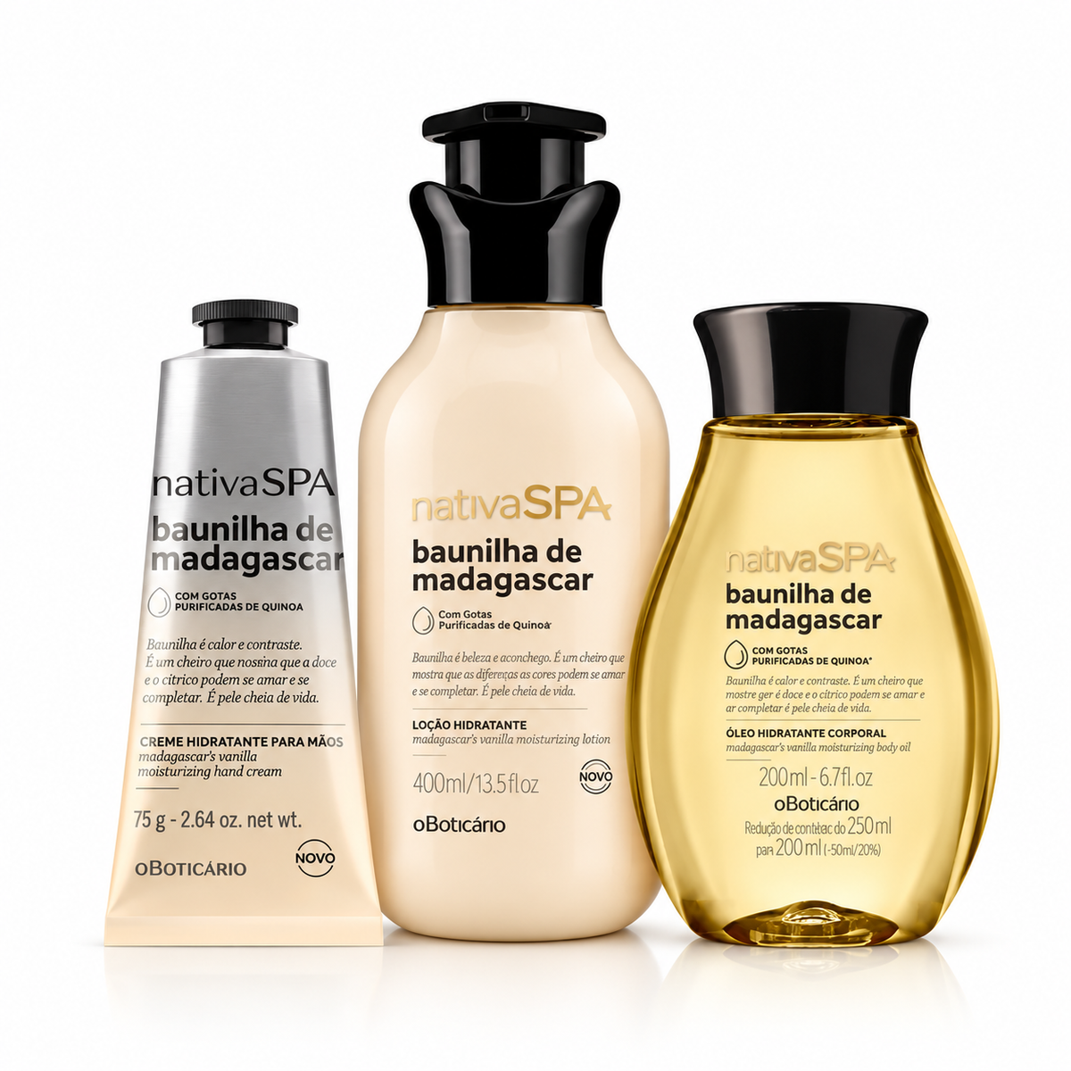 Kit Nativa SPA Baunilha de Madagascar | Loção Corporal 400 ml + Óleo Corporal 200 ml + Creme para Mãos 75 g