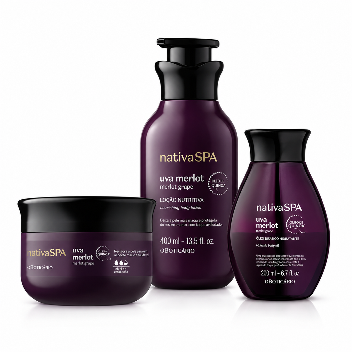 Kit Nativa SPA Uva Merlot de O Boticário com loção corporal, óleo bifásico e esfoliante
