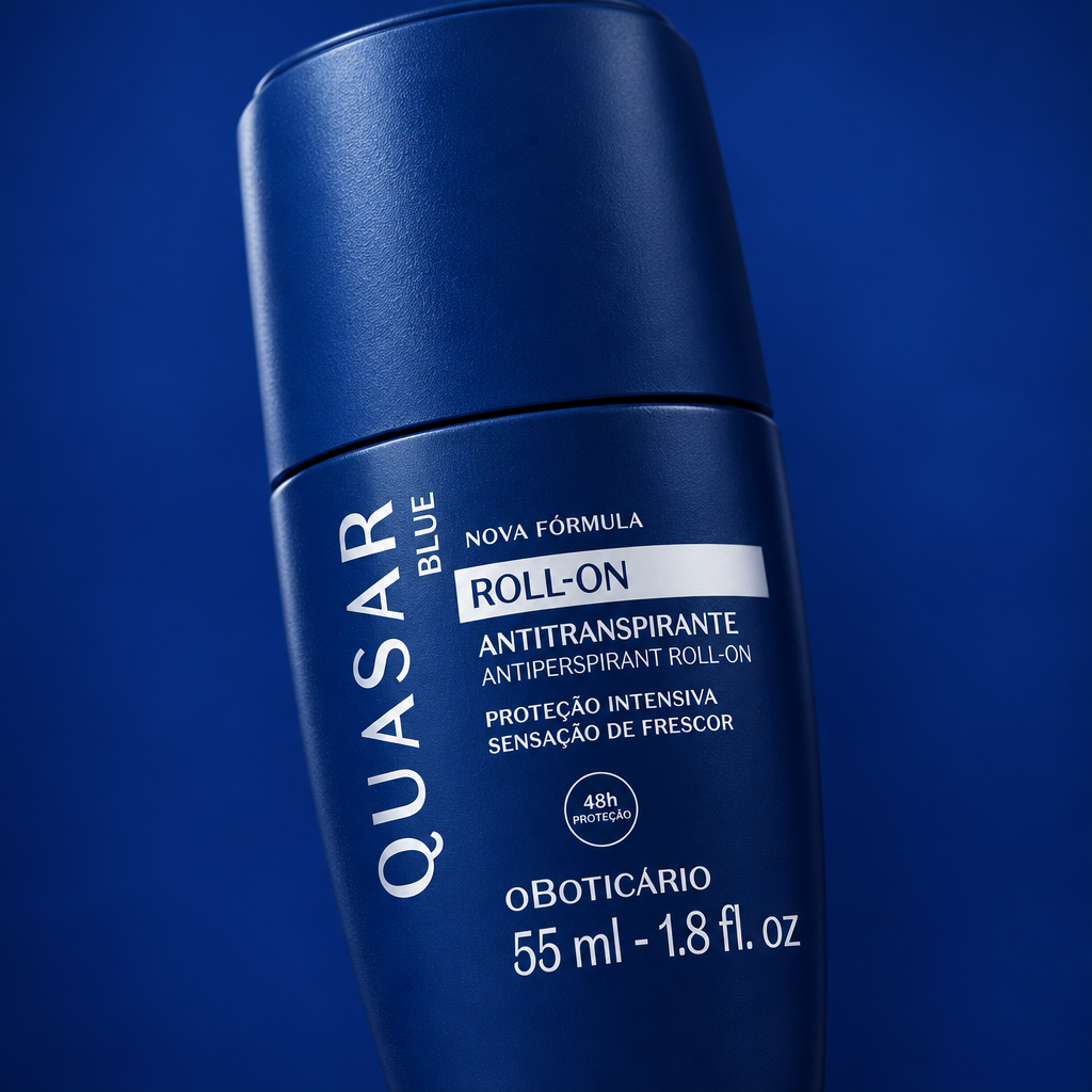 Close-up do rótulo e da tampa do desodorante roll-on O Boticário Quasar Blue 55 ml em fundo azul