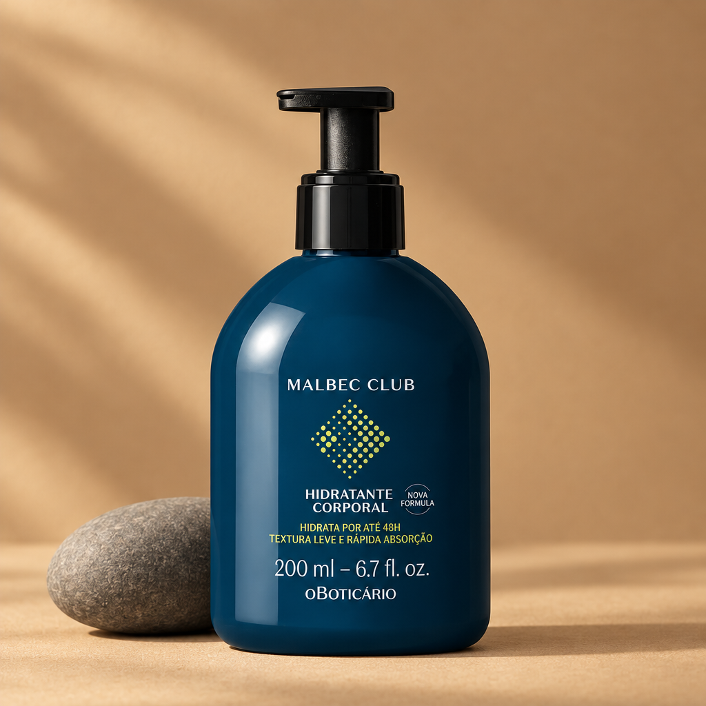 Hidratante Corporal Malbec Club 200ml — O Boticário em ambientação minimalista com pedra e fundo bege