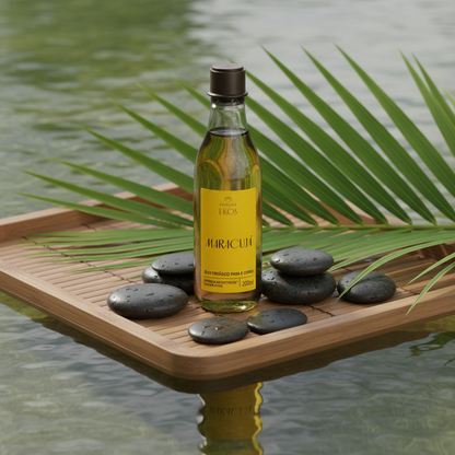 Óleo Trifásico Desodorante Corporal Ekos Maracujá em ambiente spa natural com bambu e pedras
