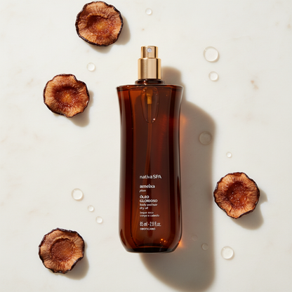 Óleo Glorioso Nativa SPA Ameixa 85ml - flat lay com ameixa