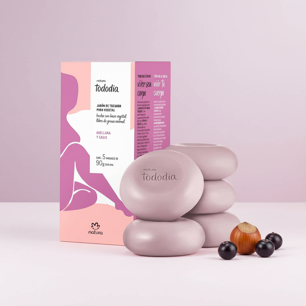 Kit de sabonetes Natura Tododia Avellana y Casis com avelã e cassis em composição minimalista
