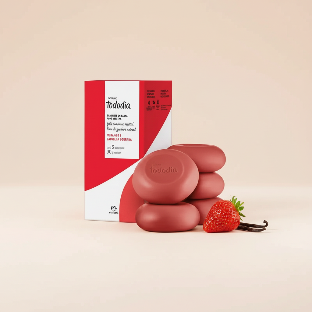 Kit de sabonetes Natura Tododia Morango e Baunilha Dourada com morango e baunilha em composição minimalista