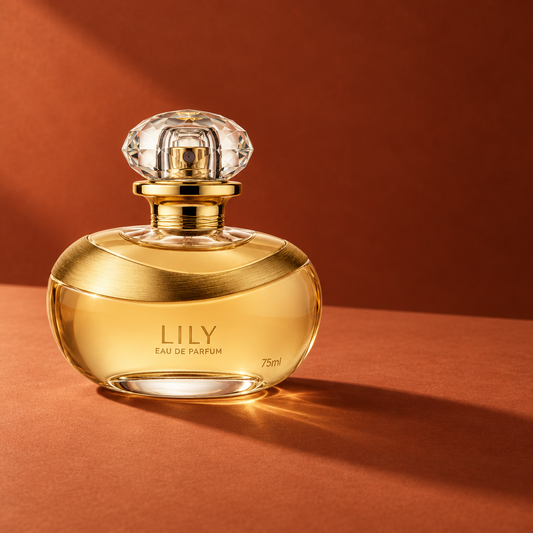 Lily Eau de Parfum com luz lateral em cenário terracota