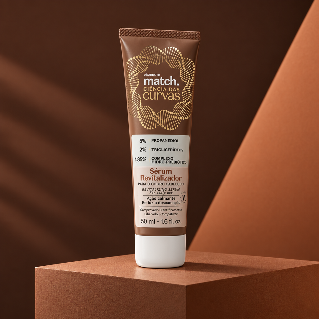 Sérum Revitalizador Match Ciência das Curvas 50ml em composição arquitetônica marrom e terracota