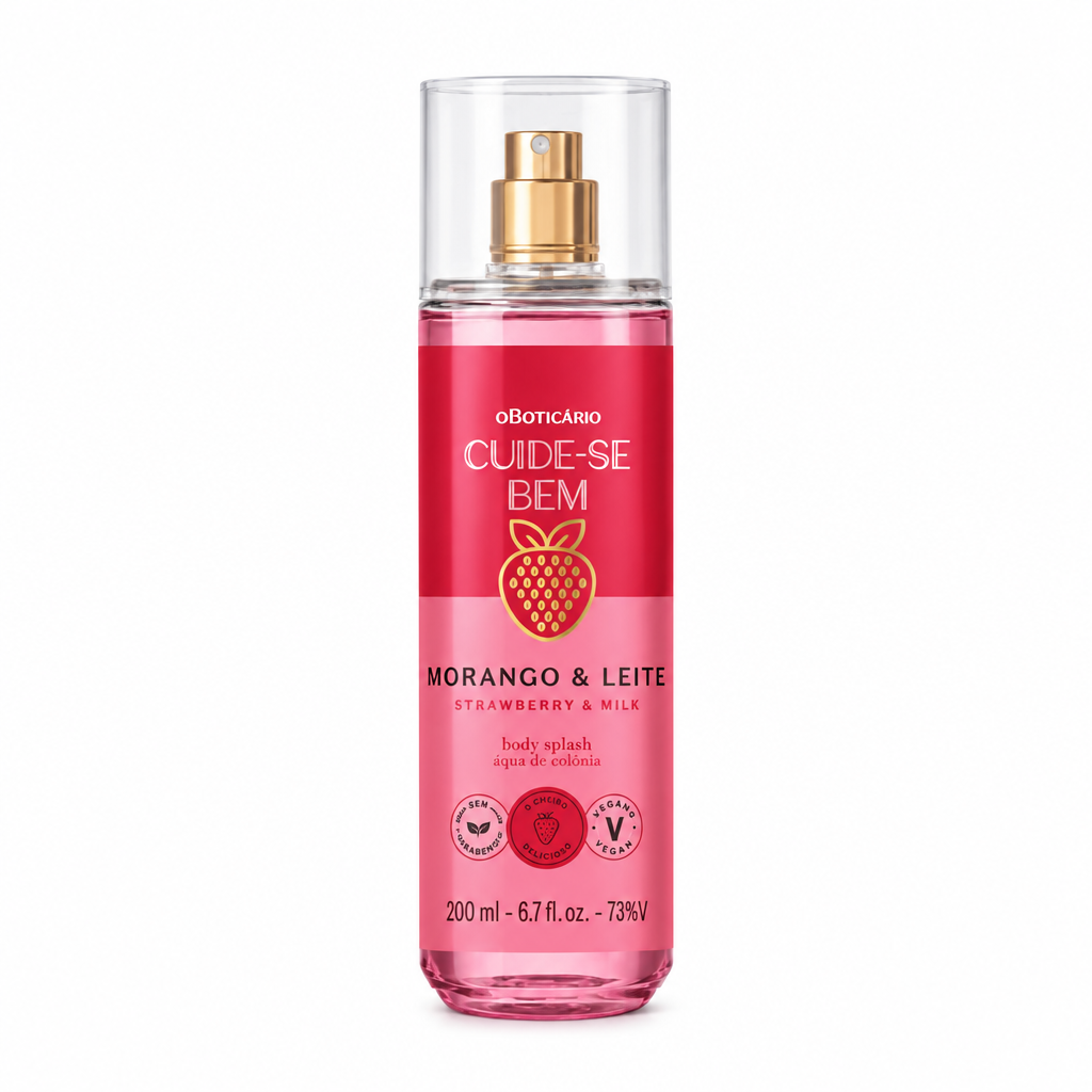 Body Splash Cuide-se Bem Morango & Leite 200 ml em fundo branco, frontal