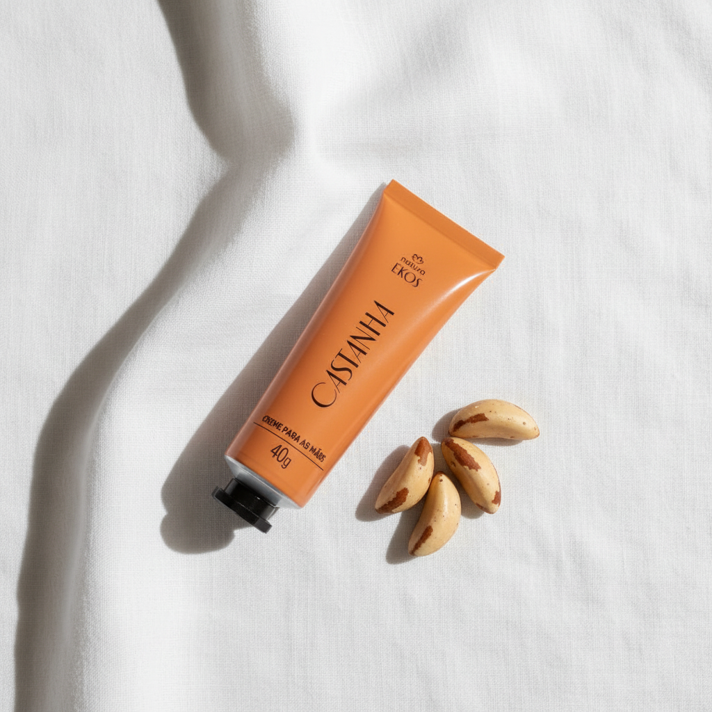 Creme Hidratante Mãos Ekos Castanha Natura 40g - flat lay com castanhas