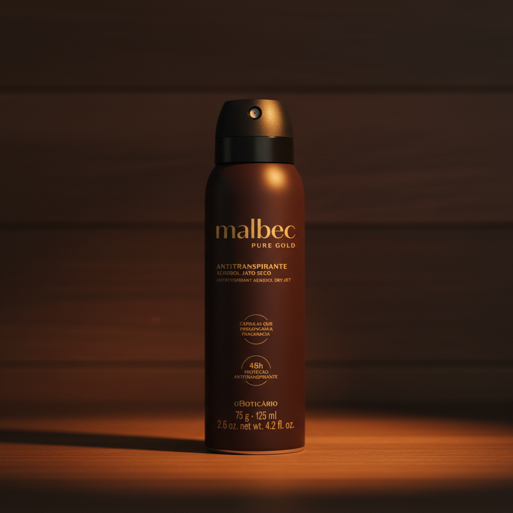 Malbec Pure Gold em superfície de madeira escura com iluminação âmbar