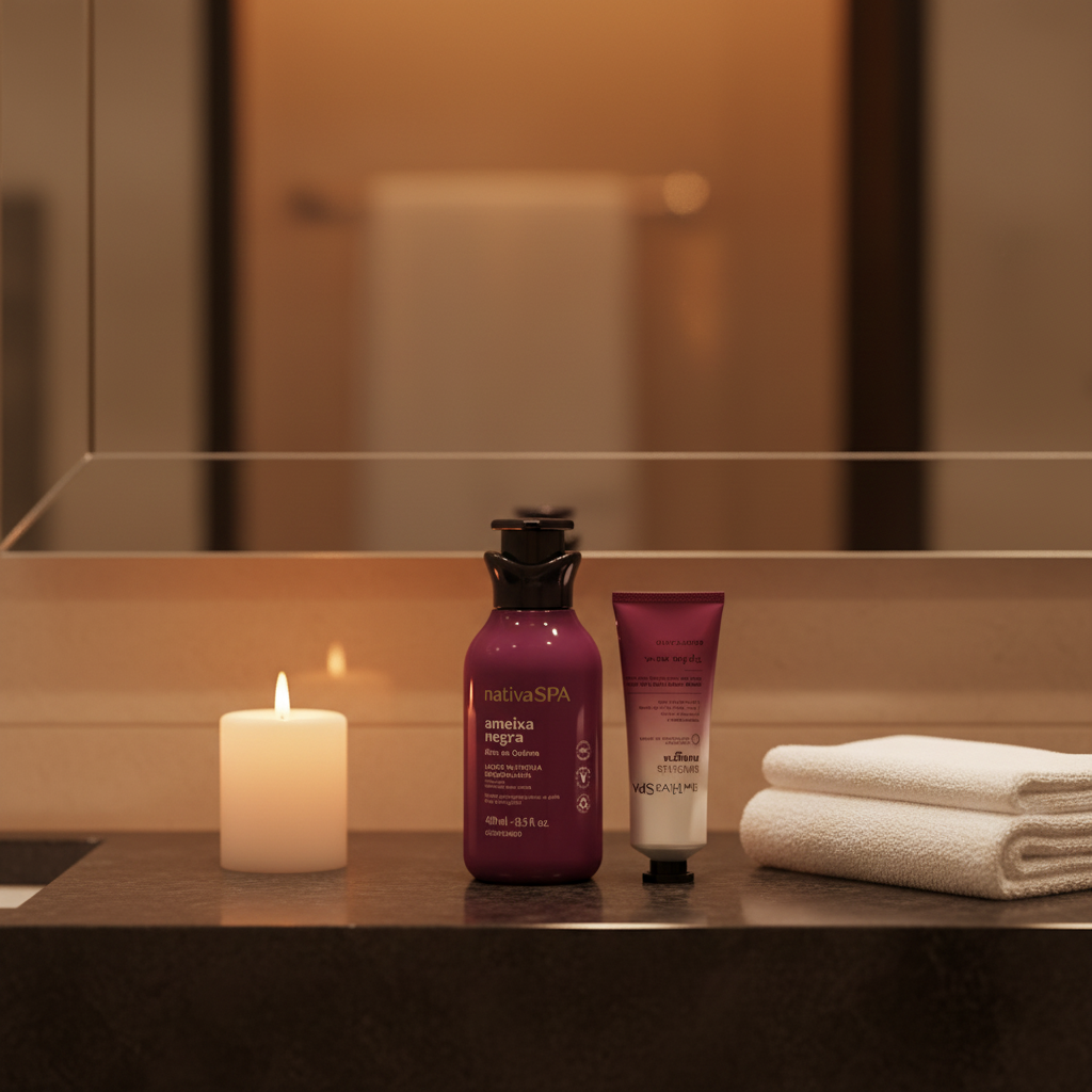Kit Nativa SPA Ameixa Negra em banheiro spa luxuoso com espelho