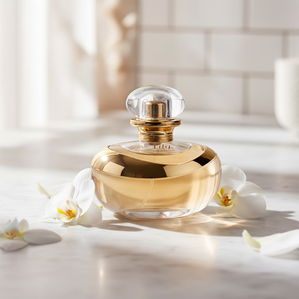 Lily Eau de Parfum sobre mármore com pétalas de orquídea