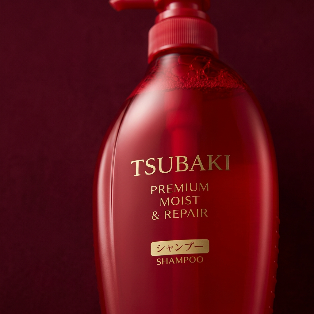 Detalhe da embalagem do shampoo TSUBAKI com fundo bordô