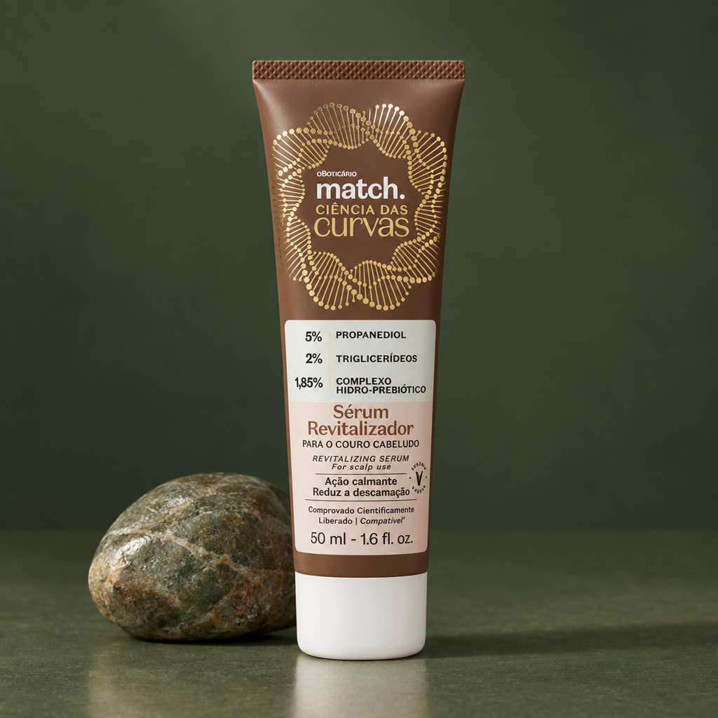 Sérum Revitalizador Match Ciência das Curvas 50ml com pedra sobre fundo verde complementar