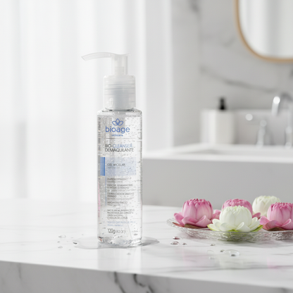 Demaquilante Gel Micelar Bioage 120g bancada de mármore com flores de lótus