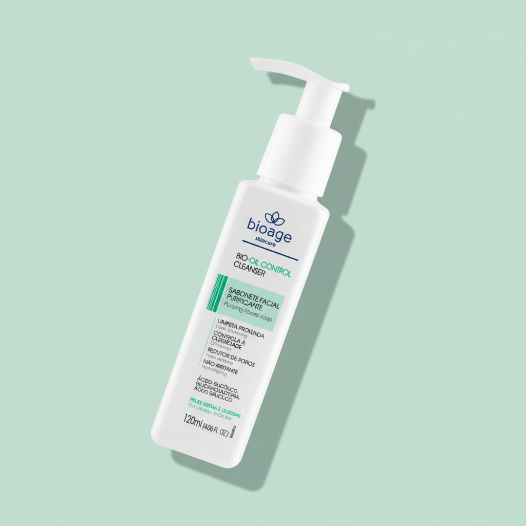 Sabonete Facial Purificante Bioage 120ml ângulo 45 graus fundo verde menta