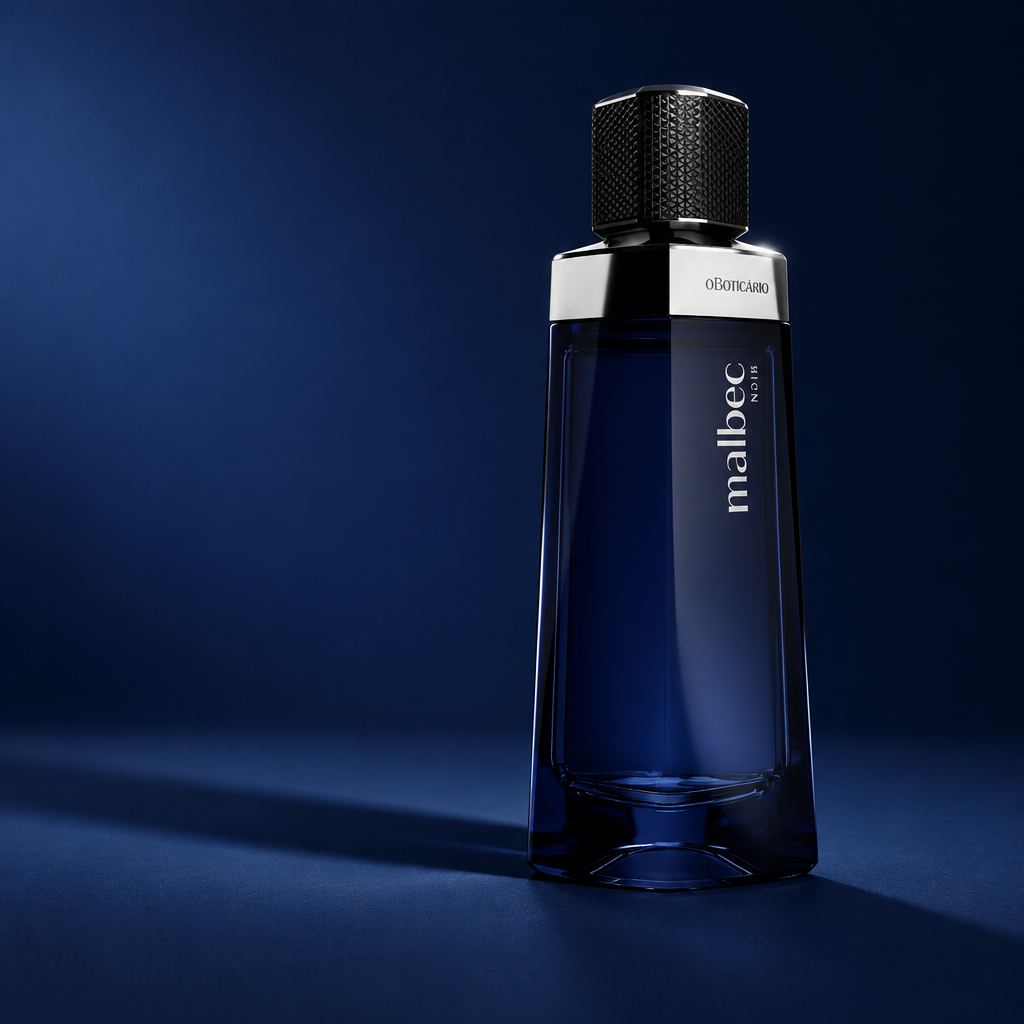 Malbec ND13 Eau de Parfum sobre superfície fosca azul com iluminação lateral e sombra alongada