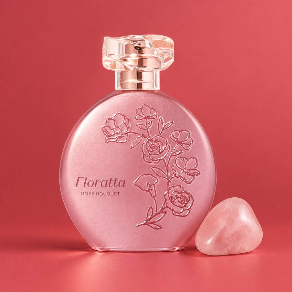 Floratta Rose Bouquet Eau de Toilette 75ml O Boticário em cenário minimalista coral