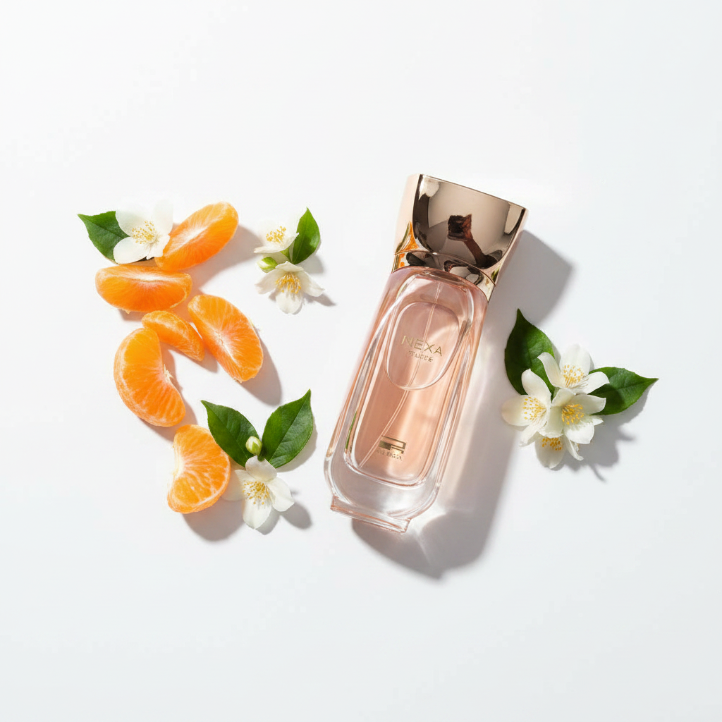 Rue Broca Nexa Musee Femme Eau de Parfum 100ml - flat lay tangerina e jasmim
