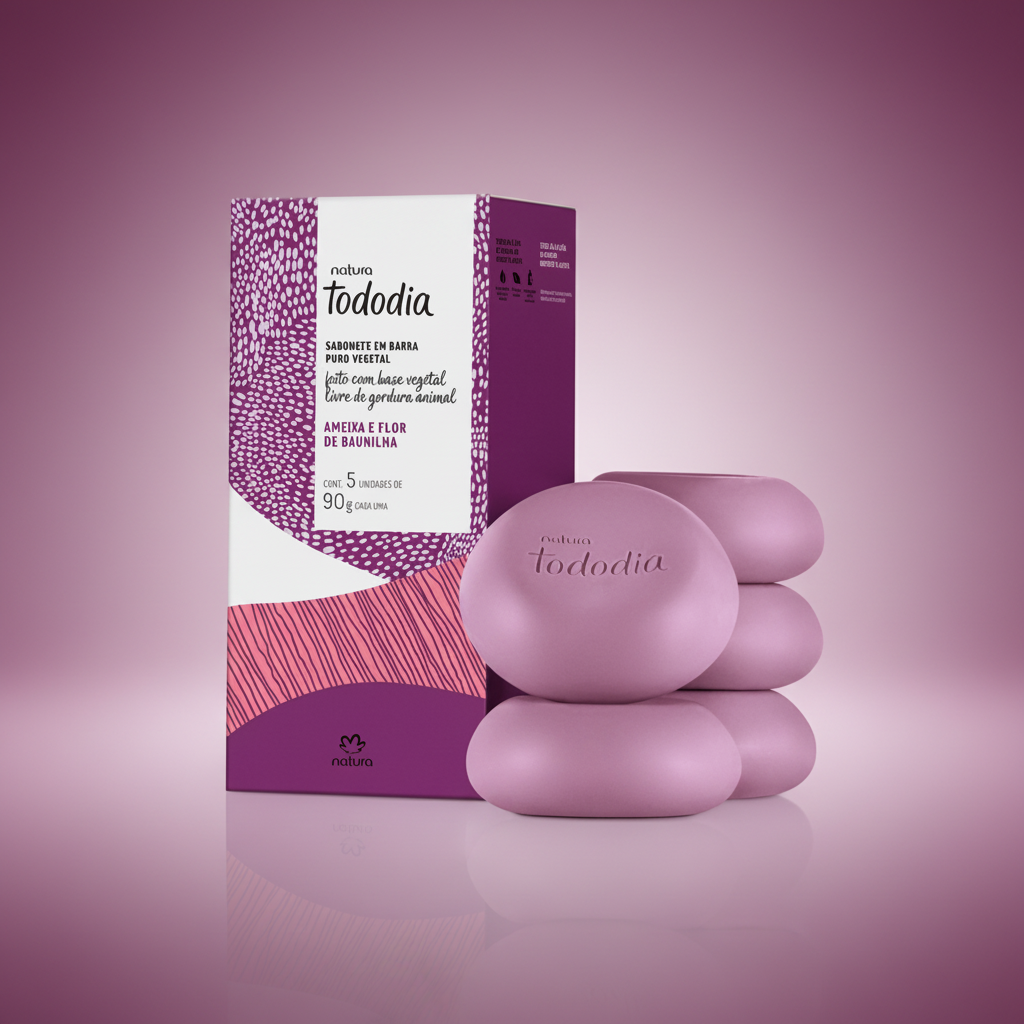 Kit de sabonetes Natura Tododia Ameixa e Flor de Baunilha em composição minimalista sobre fundo ameixa e lavanda