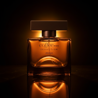 Coffee Man Seduction com reflexo em superfície escura brilho âmbar