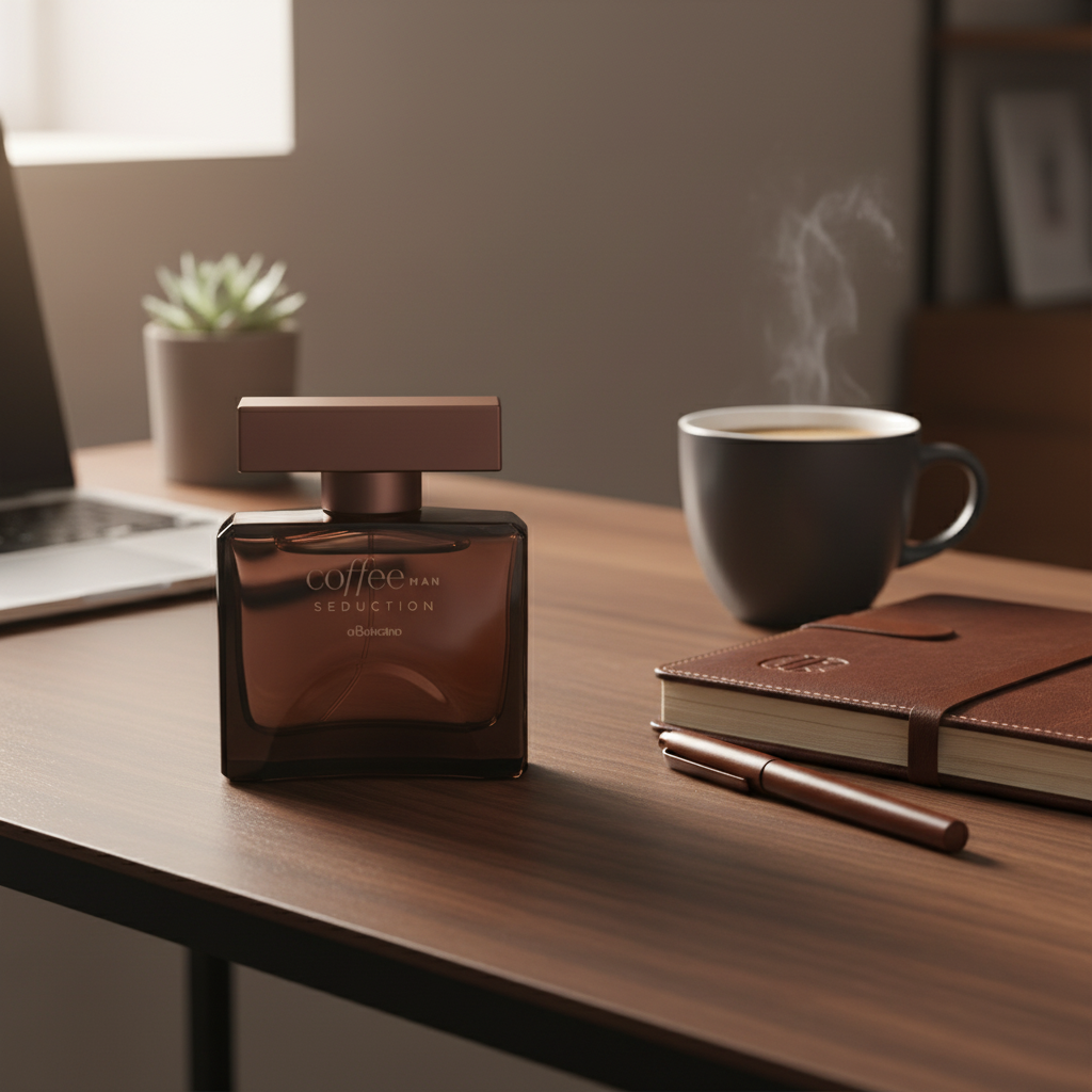 Lifestyle Coffee Man Seduction em mesa com caderno e xícara de café
