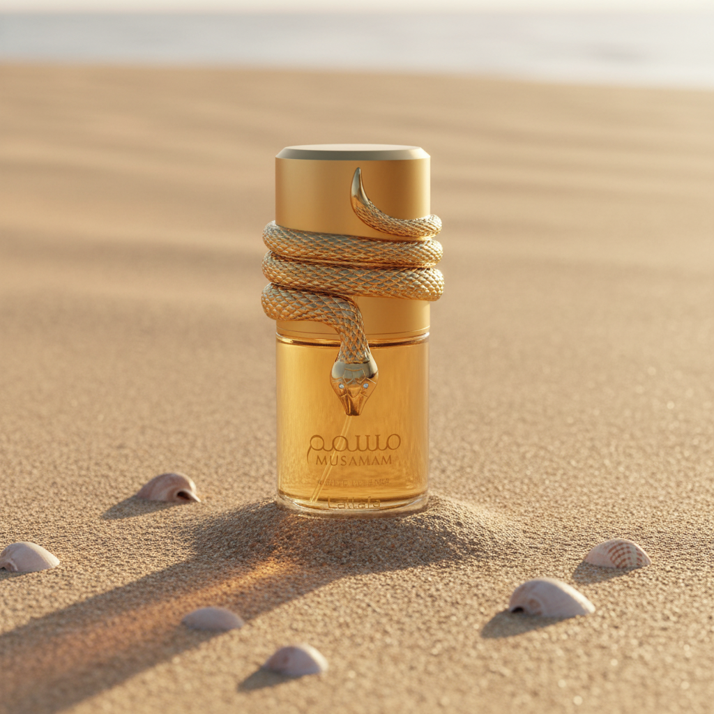 Musamam White Intense em areia bege com conchas luxo praia