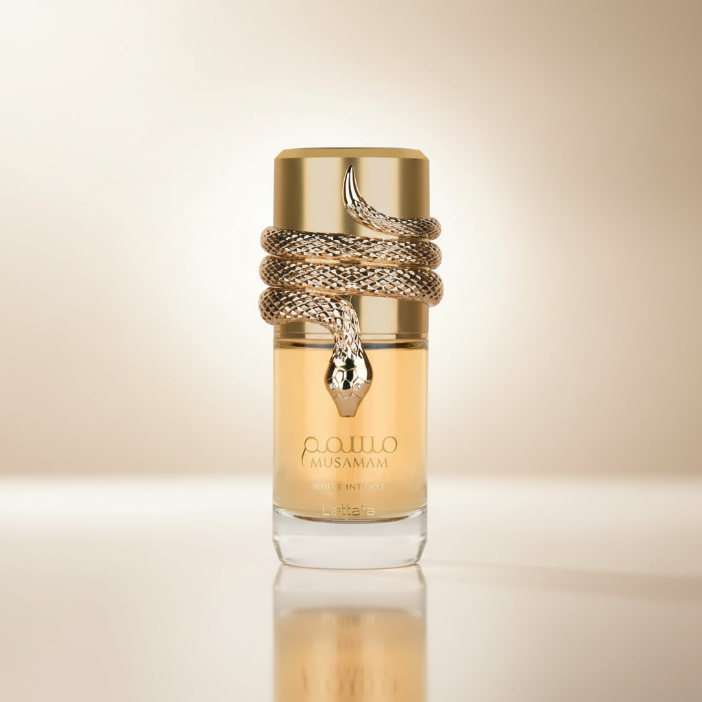 Musamam White Intense com reflexo em superfície creme elegante