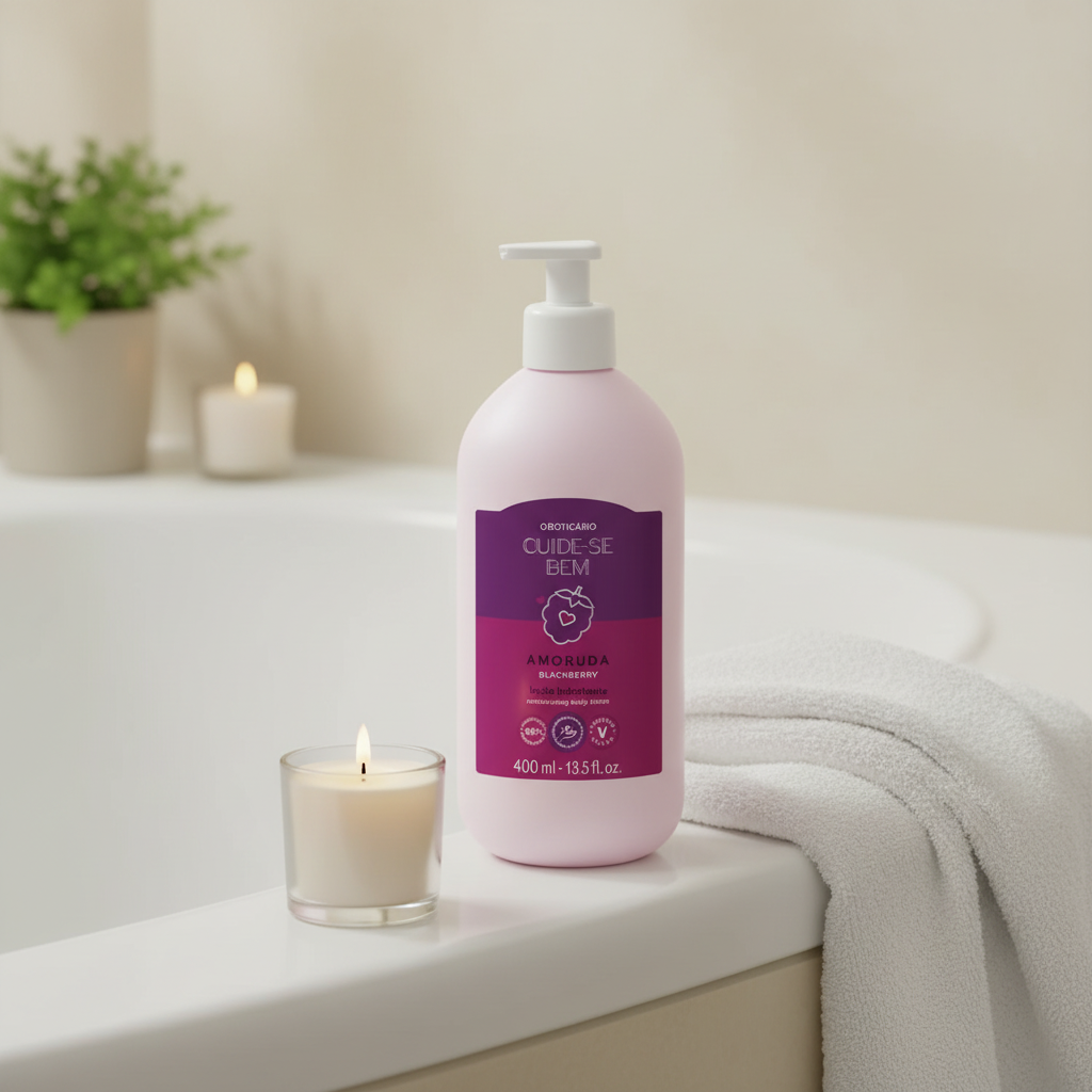 Loção Hidratante Corporal Cuide-se Bem Amoruda - banheira com toalha e vela