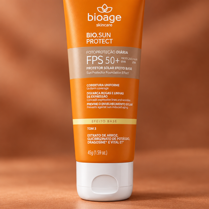 Bioage Bio-Sunprotect Protetor Solar Efeito Base FPS 50+ Tom 3, 45 g, close-up da tampa e do rótulo Tom 3