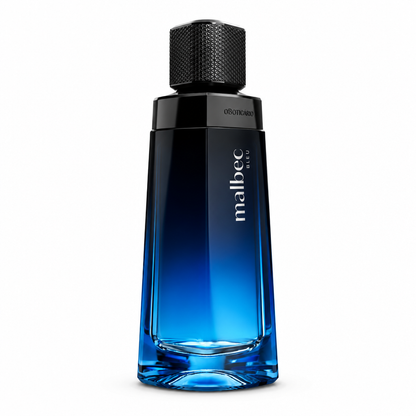 Malbec Bleu Eau de Toilette, frasco azul com gradiente e tampa preta texturizada, vista frontal em fundo branco