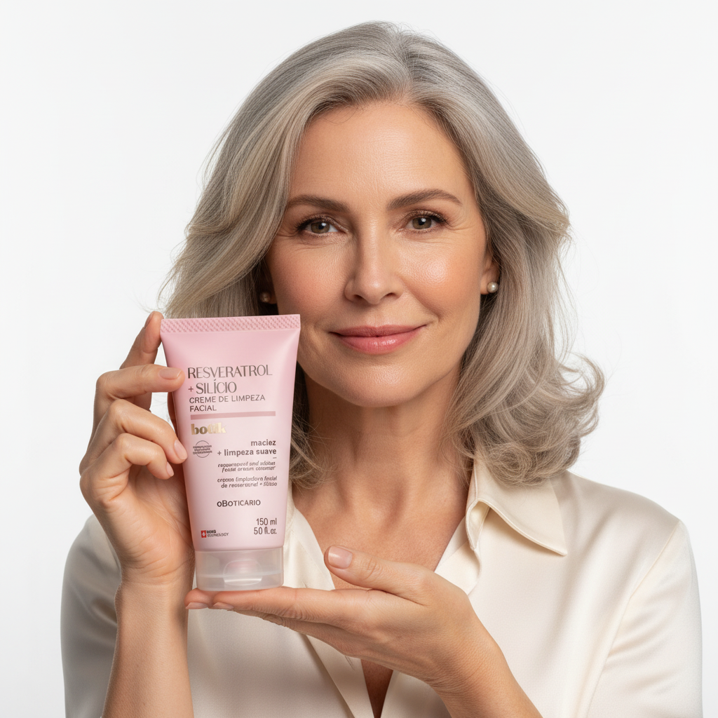 Modelo madura com Creme de Limpeza Facial Botik Resveratrol + Silício 150ml