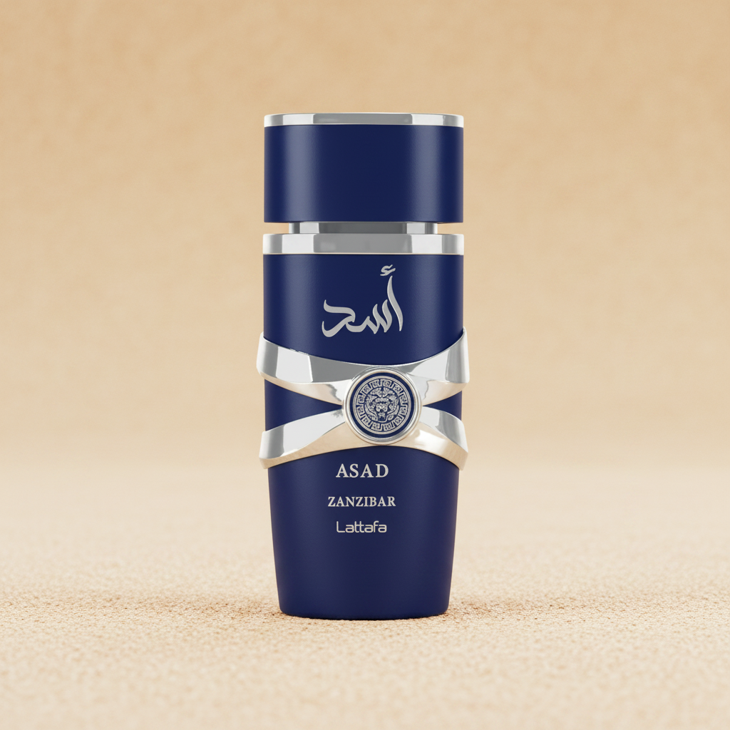 Lattafa Asad Zanzibar 100ml — fundo bege tropical