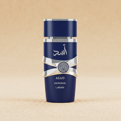 Lattafa Asad Zanzibar 100ml — fundo bege tropical