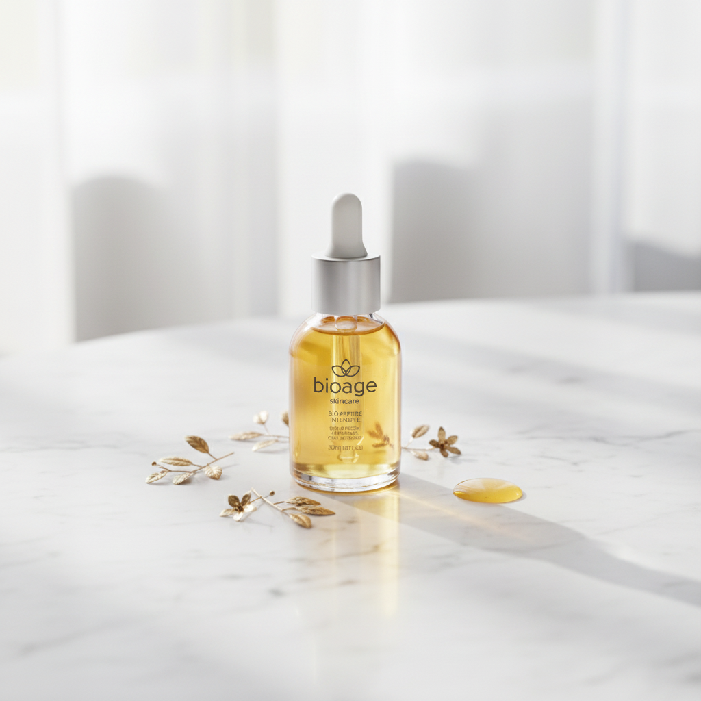 Sérum Pró-aging Bioage 30ml em bancada de mármore com gotas douradas