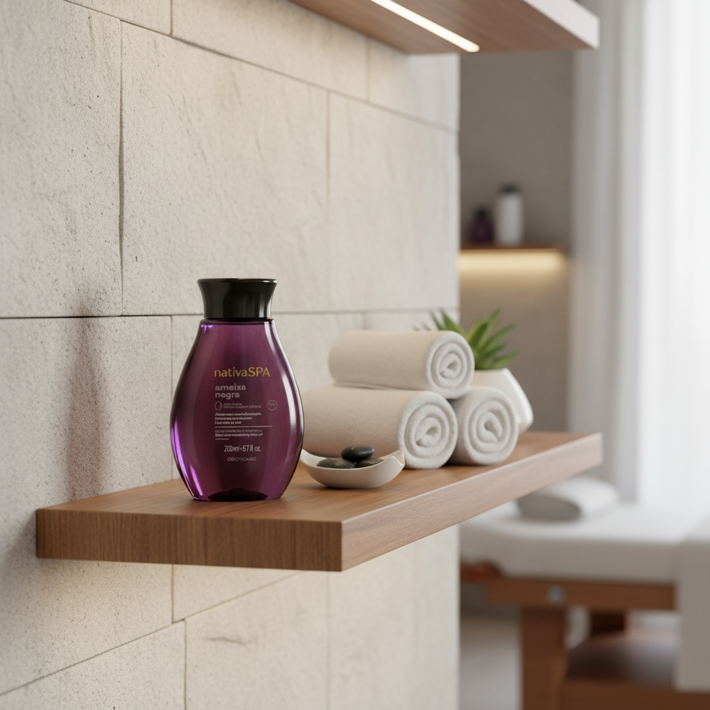 Nativa Spa óleo em prateleira spa com toalhas