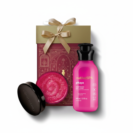 Coffret Nativa SPA Esfoliante Pitaya - Açúcar Esfoliante 200g e Loção Corporal 400ml fundo branco