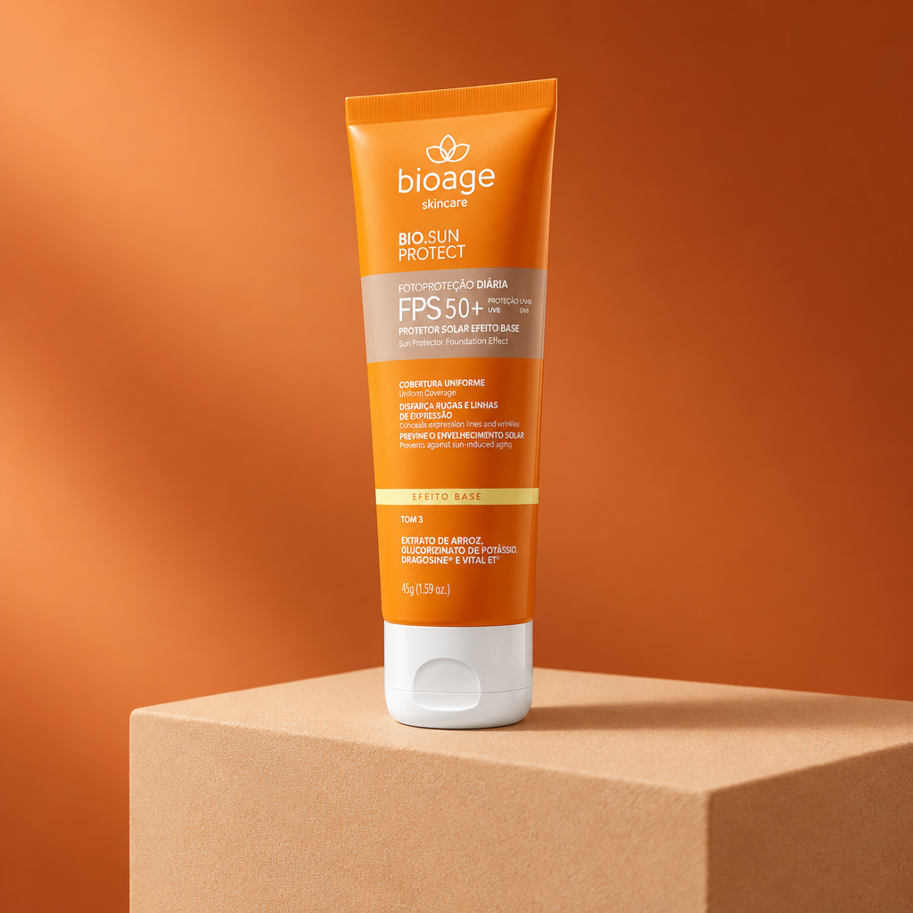 Bioage Bio-Sunprotect Protetor Solar Efeito Base FPS 50+ Tom 3, 45 g, em base geométrica com fundo terracota