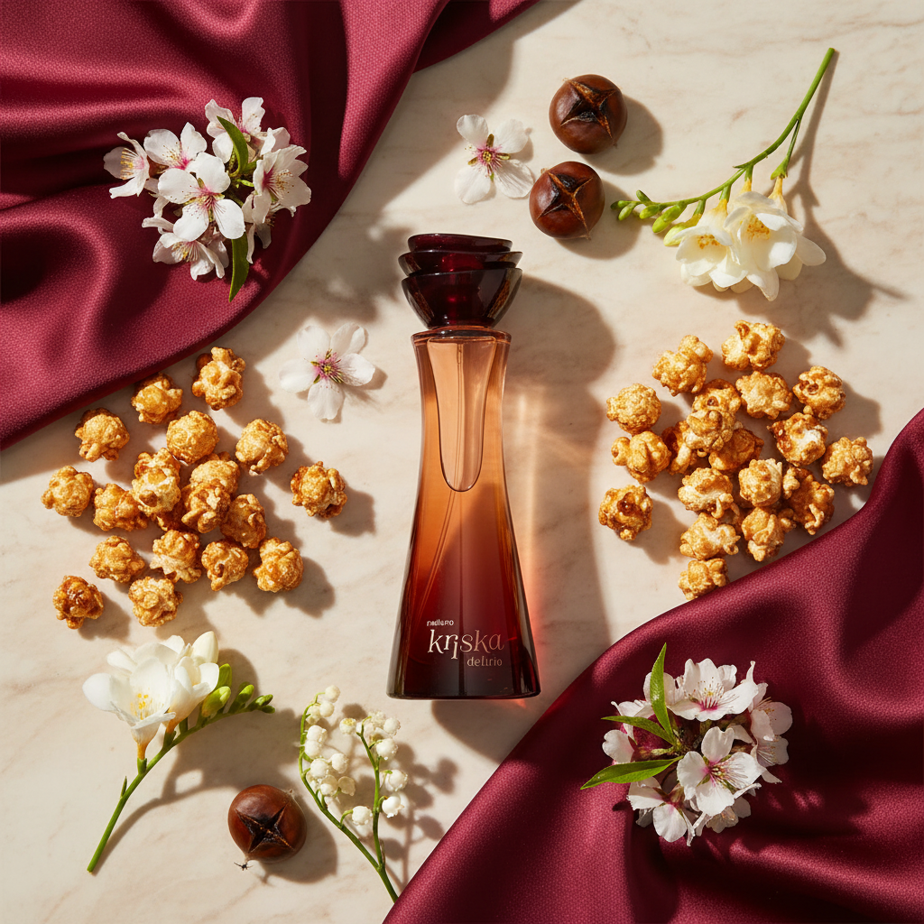 Kriska Delírio Féminin flat lay with gourmand ingredients