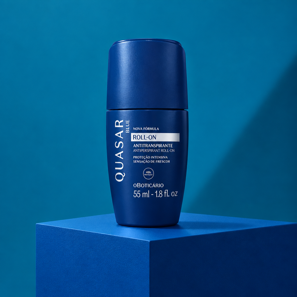 Desodorante roll-on O Boticário Quasar Blue 55 ml sobre base geométrica azul em ângulo de três quartos