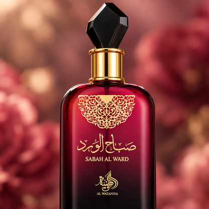 Al Wataniah Sabah Al Ward Eau de Parfum Feminino, close-up da tampa preta facetada e do rótulo dourado